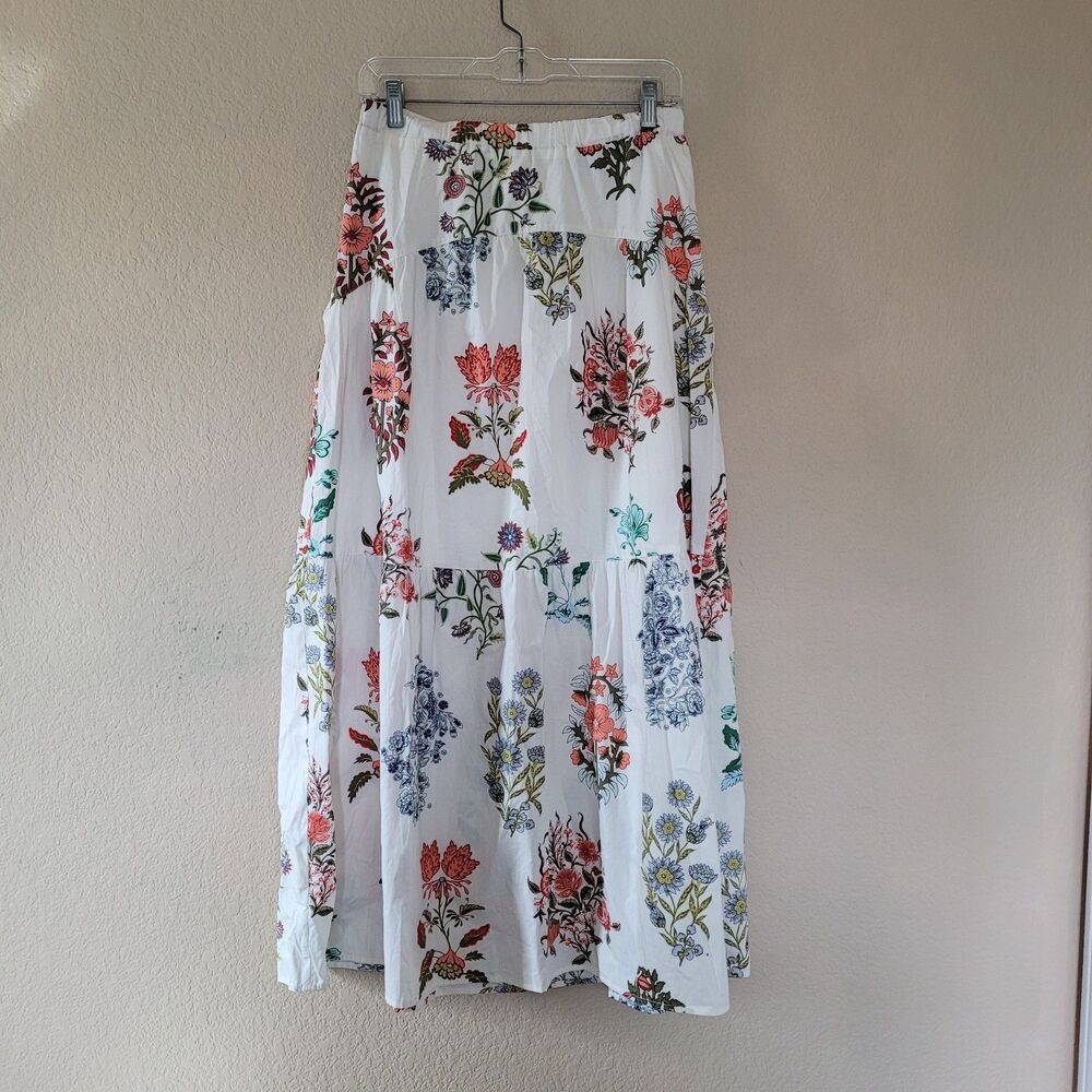 Cece Womens Floral Tiered Maxi Skirt Small Ivory Multi Cotton Boho Cottage
